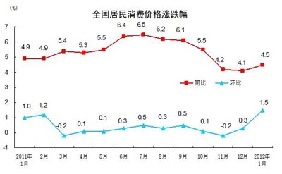 国家统计局：1月份CPI同比上涨4.5%